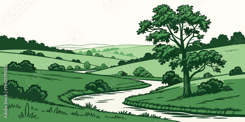 Serene green valley landscape with winding river and lush countryside scenery, perfect for tranquil nature themes.