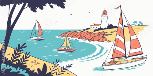 Panoramic view of a serene harbor bay with colorful sailboats and a historic lighthouse on a sunny day.