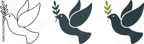 Minimal peace dove icon set with olive branch outline and teal silhouette flying bird symbol vector illustration