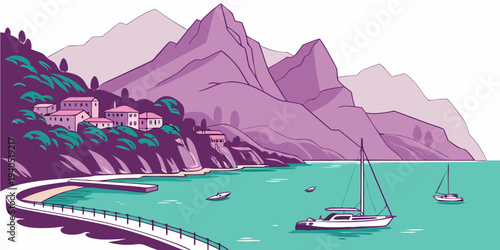 Serene harbor bay with layered purple mountains and teal water, featuring sailboats and a picturesque coastal village.