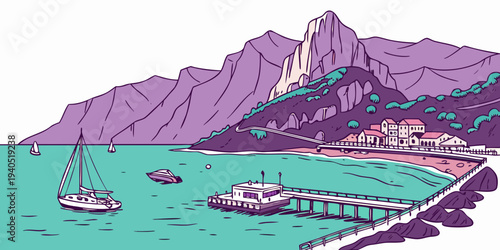 Illustration of a serene harbor bay with layered purple mountains, teal water, sailboats, and a pier.