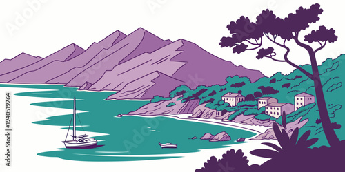 Serene harbor bay with layered purple mountains, teal water, and sailboats in a stylized illustration, evoking a sense of calm and tranquility.