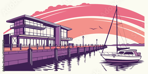 Serene harbor bay at sunset with sailboat and modern building