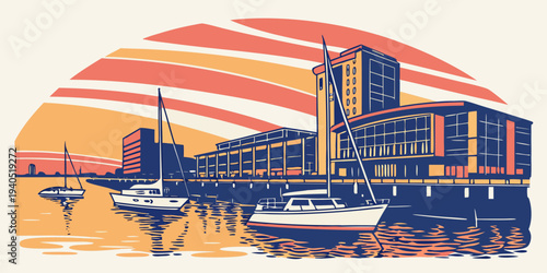 Harbor bay scene with sailboats and buildings at sunset, gradient sky reflecting on water, serene coastal landscape.