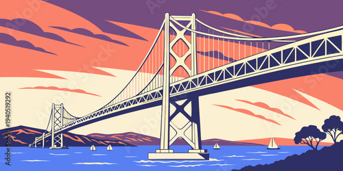 Vibrant illustration of the Golden Gate Bridge at sunset with sailboats in San Francisco Bay, California, USA, during a serene evening.