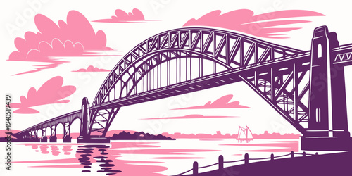 Serene Sydney Harbour Bridge illustration at sunset with pink clouds and reflections in the water, tranquil atmosphere.