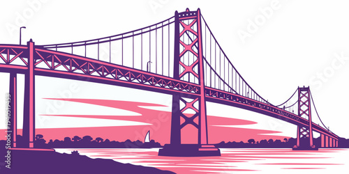 Stunning illustration of San Francisco Bay Bridge at sunset with vibrant pink and purple hues reflecting on the water.