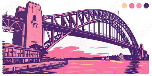 Harbor bridge with vibrant sunset reflections in pink and purple hues, serene waterway scene
