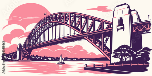 Sydney Harbour Bridge illustration with vibrant pink sunset reflections and sailboat on calm waters, vector art.