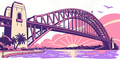 Vibrant illustration of Sydney Harbour Bridge at sunset with pink and purple hues, serene water reflections, and birds in flight.