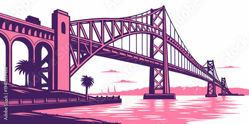 Vibrant pink and purple illustration of a harbor bridge at sunset with reflections, palm trees, and a serene atmosphere.