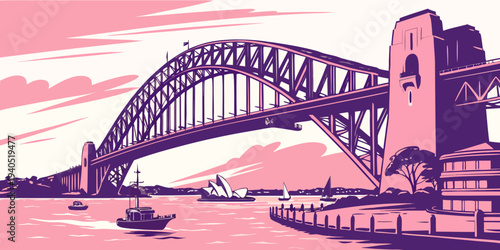 Vibrant pink and purple illustration of Sydney Harbor Bridge at sunset with reflections