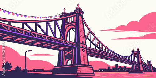 Vibrant illustration of a harbor bridge at sunset with pink reflections