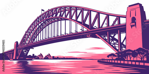 Iconic harbor bridge at sunset with pink reflections in water, Sydney landmark