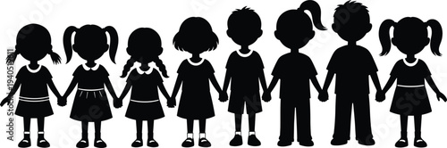 Group of diverse happy children holding hands in a row silhouette, vector boy and girl figures for community and school branding