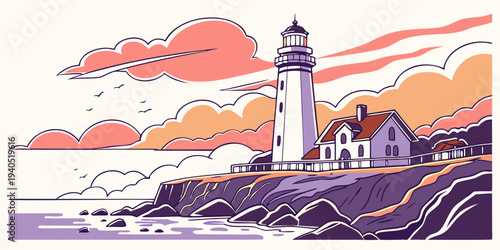 Illustration of a serene harbor cliff lighthouse at colorful sunset with vibrant sky and sea