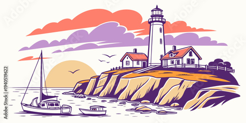 Illustration of a serene harbor cliff lighthouse at colorful sunset with sailboat and buildings.