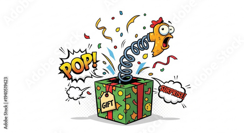 Surprised cartoon character pops out of a colorful gift box with confetti and streamers