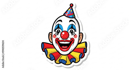 Smiling clown face with colorful makeup and party hat on white background festive and playful character design