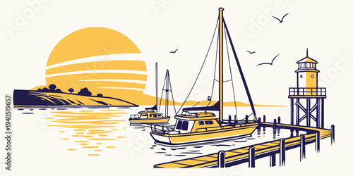 Serene harbor dock at sunrise with golden reflections and sailboats, lighthouse in the background, peaceful morning atmosphere.