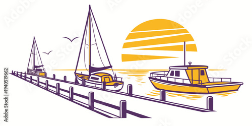 Serene harbor dock at sunrise with sailboats and golden reflections on calm waters, evoking a sense of tranquility and peacefulness.