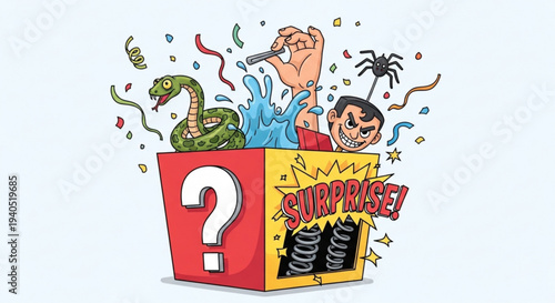 Man surprised by snake and spider emerging from colorful question mark box with confetti