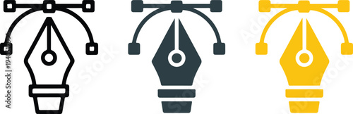 Minimal vector pen tool icon set with outline filled and yellow variations graphic design editing software symbol