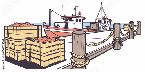 Detailed harbor dock scene with ropes, crates, and fishing boats in a serene, coastal illustration, perfect for nautical themes.