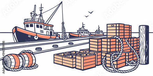 Illustration of a harbor dock scene with ropes, crates, and a fishing boat at a bustling port facility.