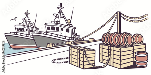 Detailed harbor dock scene with fishing boats, ropes, crates, and barrels, evoking a sense of maritime industry and activity.