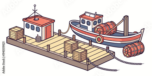 Detailed harbor dock scene with ropes, crates, and a fishing boat, illustrating a bustling waterfront with industrial elements.