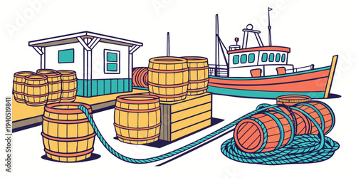 Vibrant harbor dock scene with bright ropes, wooden barrels, and a fishing boat at a colorful wharf