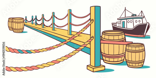 Whimsical harbor dock with colorful ropes and wooden barrels near a ship