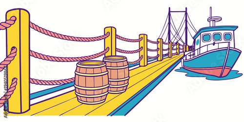 Colorful harbor dock with bright ropes, wooden barrels, and a blue boat, nautical scene illustration.