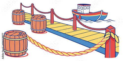 A vibrant dock scene with wooden barrels and bright ropes, featuring a boat moored alongside a wooden dock.