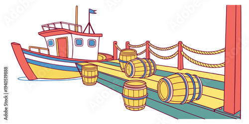 Colorful harbor dock scene with bright ropes and wooden barrels on a sunny day with a boat