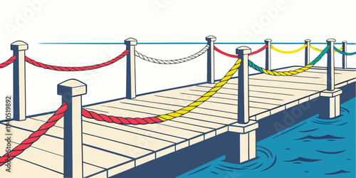 Colorful harbor dock with vibrant ropes and calm blue sea water, nautical scene