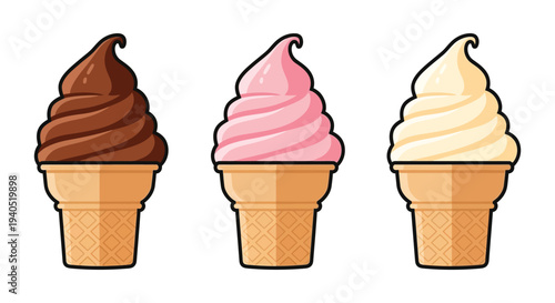 Three colorful soft serve ice cream cones are displayed against a white background a simple silhouette high quality professional detailed modern