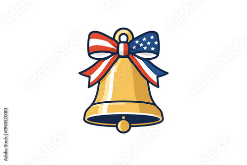 Flat design illustration of a patriotic golden bell adorned with a red, white, and blue ribbon, symbolizing freedom and national celebration