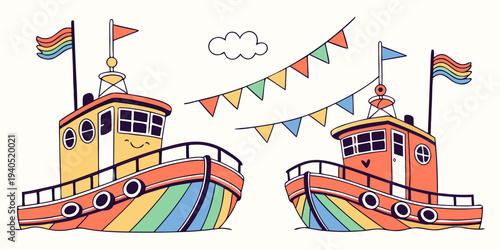Two decorated boats at a harbor festival with rainbow flags and colorful bunting in bright daylight atmosphere.
