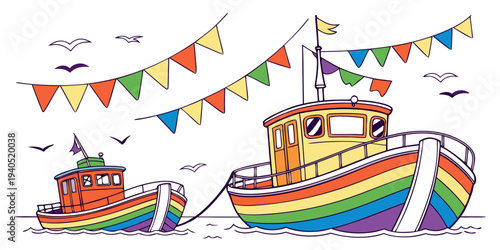 Vibrant harbor festival scene with decorated rainbow boats and colorful bunting flags floating on calm water at sunny celebration
