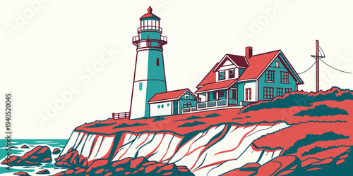Vibrant illustration of a coastal lighthouse and houses on a cliff in bold red and teal tones, overlooking the ocean.