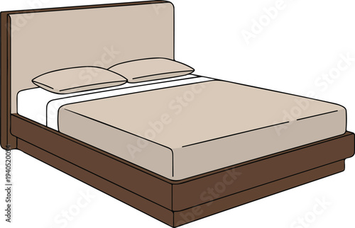 Minimal modern platform bed illustration with wooden frame upholstered headboard pillows and mattress contemporary bedroom furniture vector