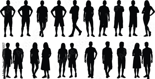 Large collection of diverse people silhouettes in standing poses, men and women vector figures for architectural rendering and urban lifestyle design