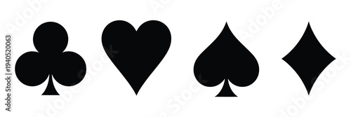 Four playing card suits. Set of stylized vector symbols representing hearts, diamonds, clubs, and spades, suitable for game design, digital apps, educational materials, and tabletop game graphics.