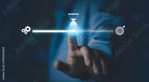 Automated workflow, Strategic time management, emphasize project milestone tracking, business efficiency, and productivity optimization concept. Hand touching digital progress bar with hourglass icon