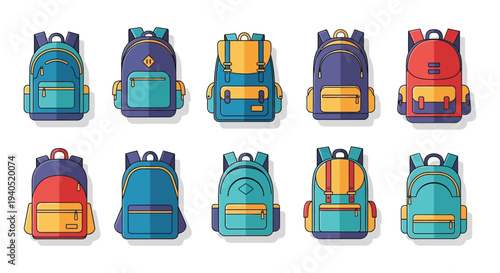 A colorful collection of nine illustrated backpacks arranged in a grid pattern showcasing various styles and designs silhouette high quality professional
