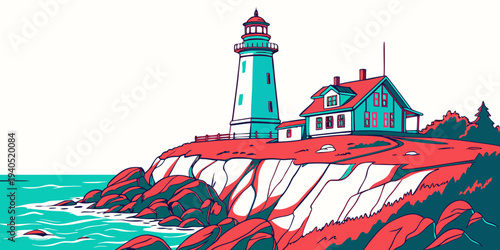Vibrant illustration of a lighthouse on a cliffside with bold red and teal tones, overlooking a serene harbor landscape.
