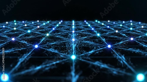 Dynamic visualization of a digital network with glowing data points, illustrating concepts of AI, big data, global connectivity, and advanced technology for efficient information exchange.
