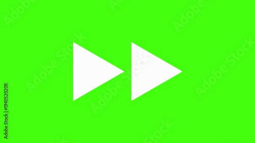 Fast Forward Media Icon: Two White Rightward Arrows on Vibrant Green Screen Background for Video Playback, Navigation, and High-Speed Motion Graphics Projects, 4K UHD High Quality Resolution Asset